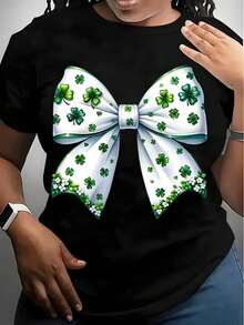 St. Patrick's Day Shamrock Bow Print T-Shirt For Women - Lucky Clover Design Casual Top For St. Patrick's Day Celebration And Festive Wear,220g - 黑色 - 查看 1
