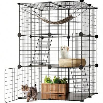 Cage Indoor Enclosure, 3 - Tier Cage Playpen Box, Crate Playpen Detachable Metal Wire Kennel, Large Exercise Place 1 - 2, Rabbit, Ferret, Small Animal
