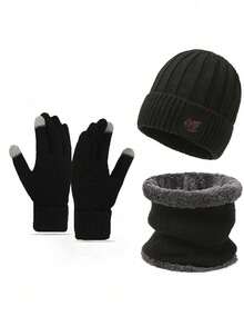 3pcs/Set Winter Warm Knitted Wool Lined Gloves, Hat And Scarf Set, Suitable For Cold Weather, Solid Color Casual - Multicolor - View 3
