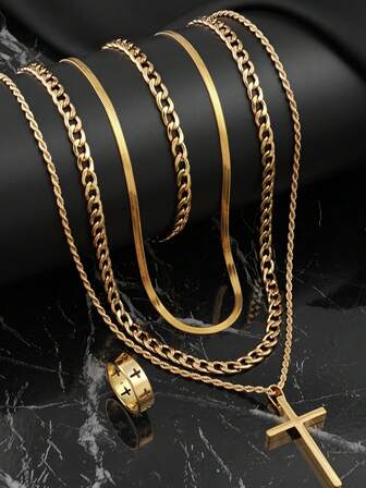 5 件十字架首饰套装：链条、戒指、手链、项链 - 简约不锈钢个性化嘻哈蛇骨链、扭纹链、马衔铁链配普通十字架吊坠 - 街头风格、派对、活动配饰