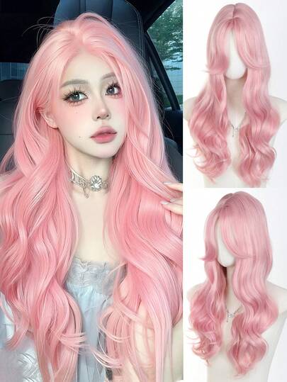 粉色合成长波浪假发发中分假发角色扮演日常佩戴日常自然顺滑假发适合万圣节、圣诞节
