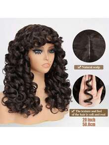 Synthetic Heat Resistant Wigs Bouncy Curls Wigs With Bangs Copper Ginger 20 Inch Dark Brown Wig Bangs Wig Daily Used Easy To Wear Beginner Friendly Big Bouncy Fluff Curly Wigs - Dark Brown - 查看 5