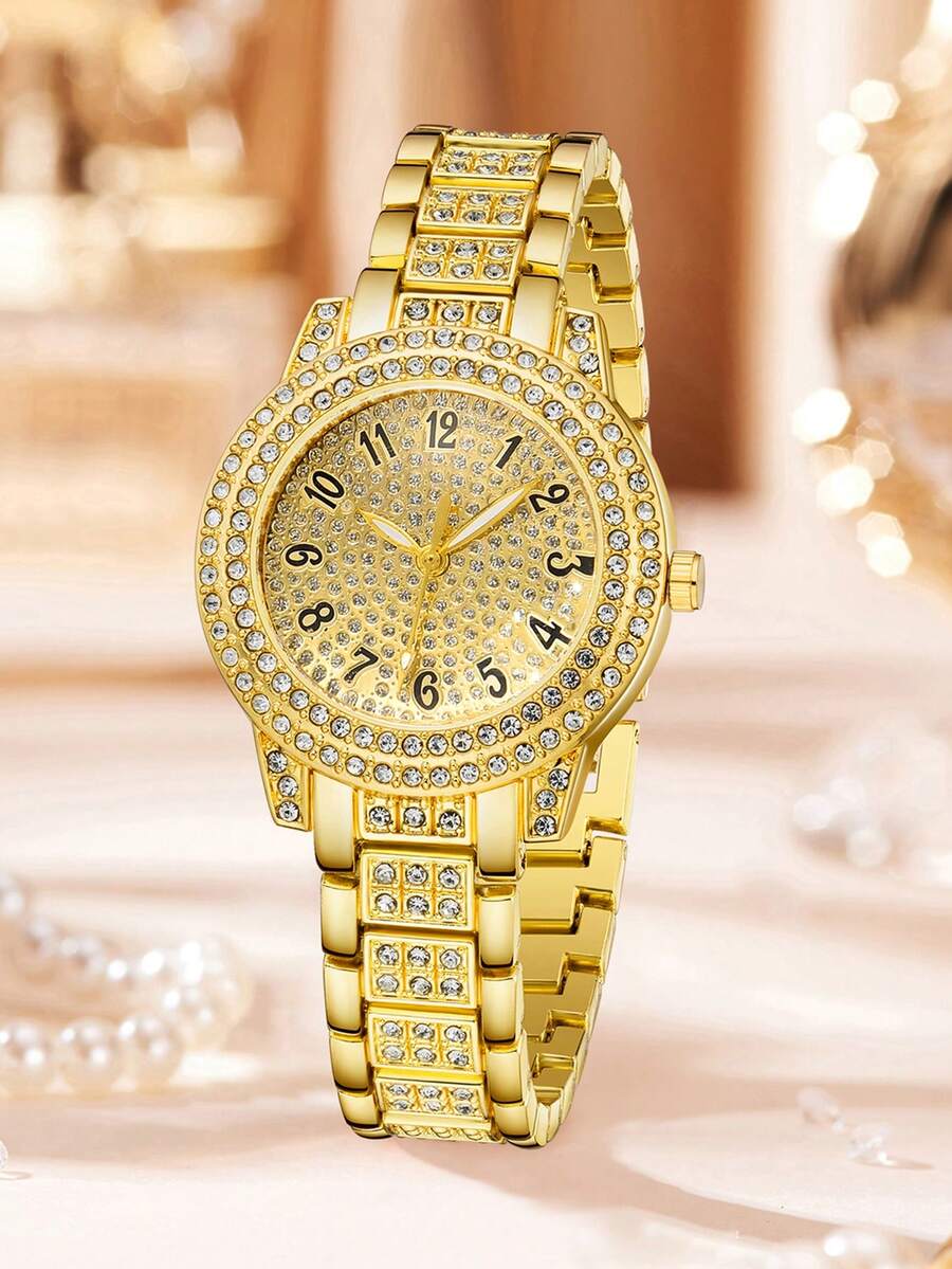 1 chiếc đồng hồ đeo tay nữ thanh lịch, sang trọng, dây đeo hợp kim mạ vàng, đính kim cương, mặt số hiển thị số, máy quartz tròn, phù hợp để đeo hàng ngày, món quà hoàn hảo cho bạn gái hoặc mẹ. - Vàng - Xem 1