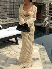 Women's Long Hollowed Double Face Can Wear Backless Thin Beach Holiday Smock Crochet Long Sleeve Knit Dress Vacation Outfits Sexy Plus Size Beachwear Bikini Two Way Wear Ups Mesh Maxi, Spring Summer Fall - Yellow - View 6