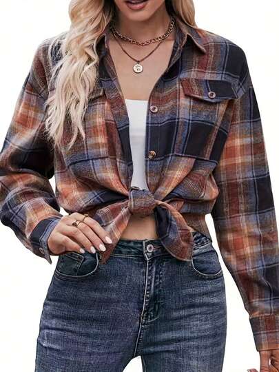 大码女式休闲宽松格子长袖衬衫，带双口袋