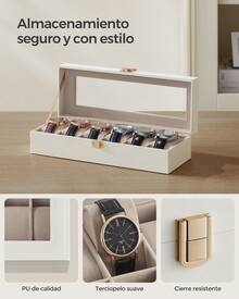 Caja de Relojes con 6 Compartimentos, Estuche de Relojes con Tapa de Cristal, Cojín Extraíble, Cierre Metálico, Regalo,Cuero Sintético Blanco Nube y Forro Beige Capuchino, Regalo de Navidad - Blanco - Ver 2