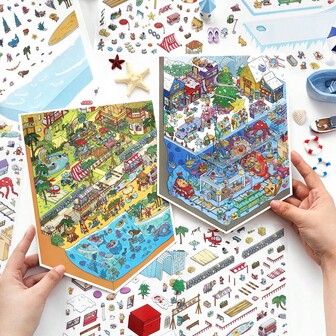 3* PET Stickers+1* Scene Card 2.5D Landscape Stickers Large-Sized Miniature Scene Stickers DIY Creative Craft Kit Brain-Building House Jigsaw Puzzle Toys Waterproof PET Stickers For Adult Relief Stress Pass The Time