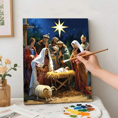 19.68x15.74 Inch DIY Nativity Scene Paint By Numbers Kit For Adults - Polyester Canvas Christmas Art Project - Unique Home Decoration And Gift Idea