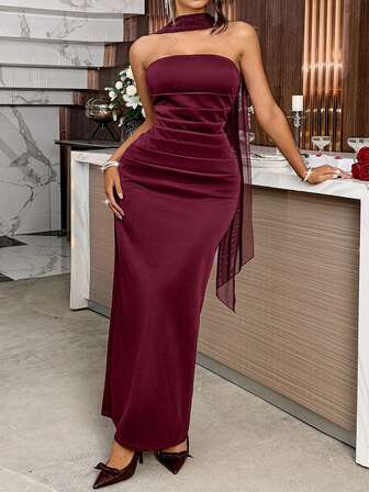 Unadoll 女士性感露肩无袖腰包，臀部开衩优雅连衣裙搭配针织围巾配饰，适合约会、婚礼、鸡尾酒会、返校