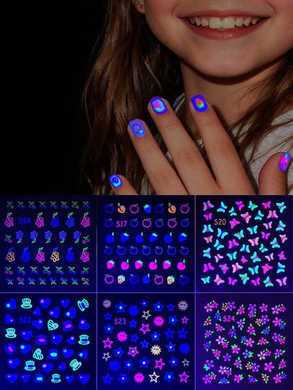 6 feuilles d'autocollants lumineux et néon pour ongles d'enfants, avec des motifs intéressants de fruits, fleurs, amour et papillons. Convient comme fournitures de décoration d'ongles DIY pour les filles et comme cadeaux pour enfants.