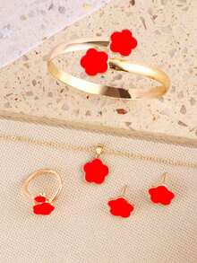 5pcs/Set Lucky Clover Design Necklace, Earrings, Bracelet And Ring - 綠色 - 查看 8