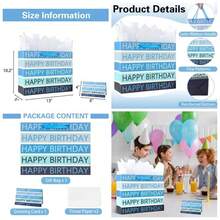 13 Large Happy Birthday Bag With Tissue Paper, Greeting Card And Handles Blue - Blue - View 2