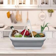 Cesta de almacenamiento plegable con asa, capacidad de 8 litros, portátil, para viajes de camping, para lavar verduras, frutas y carne, 15.5 X 38.5 X 28.5 cm, blanco y gris - Gris Oscuro - Ver 1