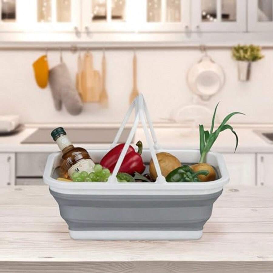 Cesta de almacenamiento plegable con asa, capacidad de 8 litros, portátil, para viajes de camping, para lavar verduras, frutas y carne, 15.5 X 38.5 X 28.5 cm, blanco y gris - Gris Oscuro - Ver 1