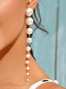 1 Pair Elegant Long Tassel & Faux Pearl Dangle Earrings, Fashion Jewelry Accessory Party - White - View 2