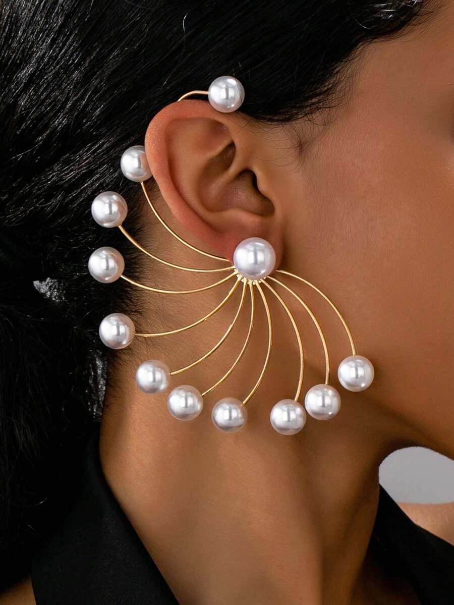 1pc Fashionable Faux Pearl Decorated Iron Wire Earrings, Suitable For Women's Party, Gathering, Banquet Attendance, Gift - Red - View 1