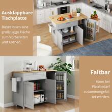 132.5*L44(70)*H90cm Mobile Kitchen Table, Folding Countertop, Oak Grain, Multifunctional Cabinet, Spice Rack, Towel Rack, 5 Rolls, Suitable For Kitchen/Dining Room/Home - Gray + MDF + European - View 10