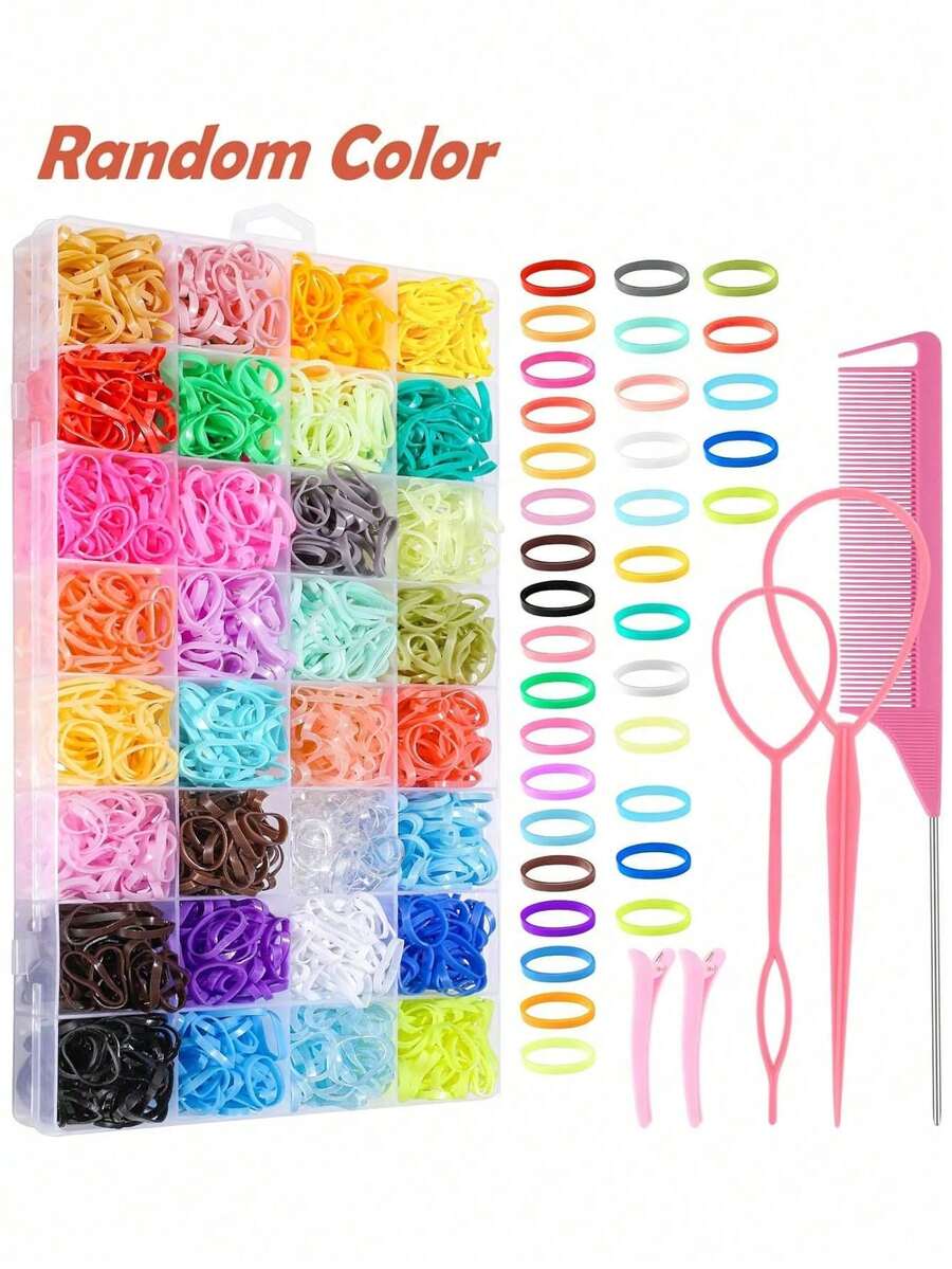 2000pcs Random Color Elastic Hair Bands, 32 Colors Small Rubber Bands Hair Ties, With Hair Styling Tools, Gift For Girl - Multicolor - View 1