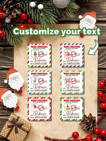 24 Peças Adesivos Redondos Personalizados de Natal para Crianças, Texto Personalizado, 5 Estilos, Vários Estilos, Envelope, Papai Noel, Alce e Outros Padrões de Design, Adequado para Decoração de Envelope, Decoração de Festa de Feriado, Decoração de Embalagem de Presente