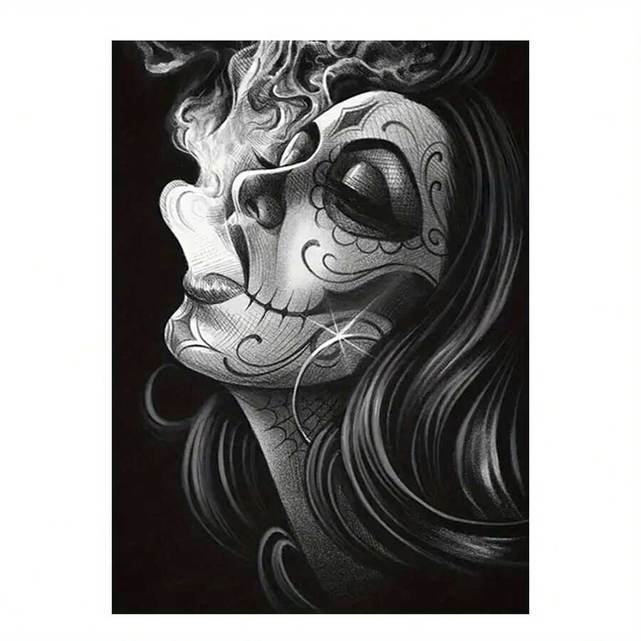 Gerahmte Leinwandkunst, mexikanische Tattoo-Frau und Rauchskizze, modernes abstraktes dekoratives Poster für Schlafzimmer, Wohnzimmer, Büro, Café, Zuhause und Studentenwohnheim - wasserfest, hochwertig Muster - 18x12 Inches - Verschiedenfarbig - Übersicht 1