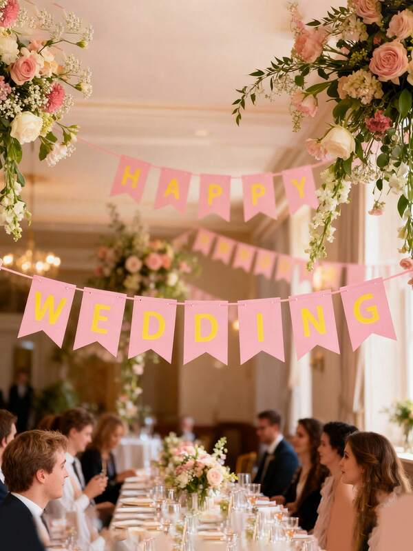 12pcs-Gold And Pink Happy Wedding Party Banner, Bride And Groom Party Banner, Bride To Be Engagement Party Decoration Supplies, Happy Engagement Marriage Banner,Glitter Happy Wedding Party Decorations Happy Wedding Wedding Party Supplies, Happy Wedding Banner With Glitter Gold Letters Party Supplies Wedding Party Decorations (Pink) Fishtail Pull Up Banner, Swallowtail Pink Pull Up Banner, Wedding Background
