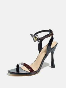 Women's High Heel One-Strap Glossy Design Square Toe Round Ring Hollow Butterfly Decor Thin Strap Buckle Shiny Electroplated Black Stiletto High Heel Party Night Club Outdoor Fashion Exhibition VIP Banquet High-End High-Quality Mirror Material Elegant Luxurious Dignified Black High Heel Sandals, Suitable For Autumn Women's Outfits