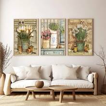 3pcs/Set European Vintage Plant Flower Potted Posters And Prints Botanical Garden Oil Paintings Retro Wall Art Paintings Suitable For Home Decoration, Room Decoration, Bedroom Decoration, Living Room Decoration, Bathroom Decoration, Wall Decoration, Optional Wall Art With Frame