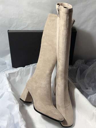 Women's High Heel Thigh High Boots, New Autumn/Winter Suede Elastic Slim Fit Pointed Toe Chunky Heel Over-The-Knee Boots