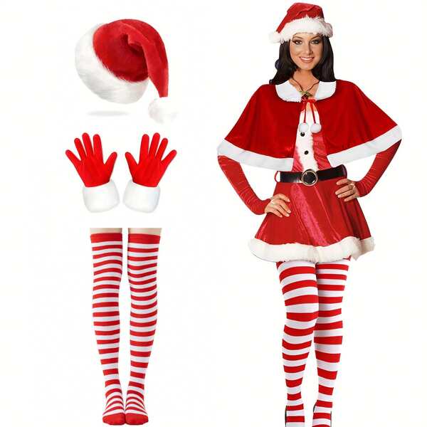 3 Peças de Fantasias de Mamãe Noel, incluindo Gorro de Noel, Luvas e Meias Listradas. Estes são itens de fantasia para interpretação em festas de Natal (com Gorro de Noel incluído), adequados para mulheres, para uso no Ano Novo, para uso no inverno e para madrinhas.