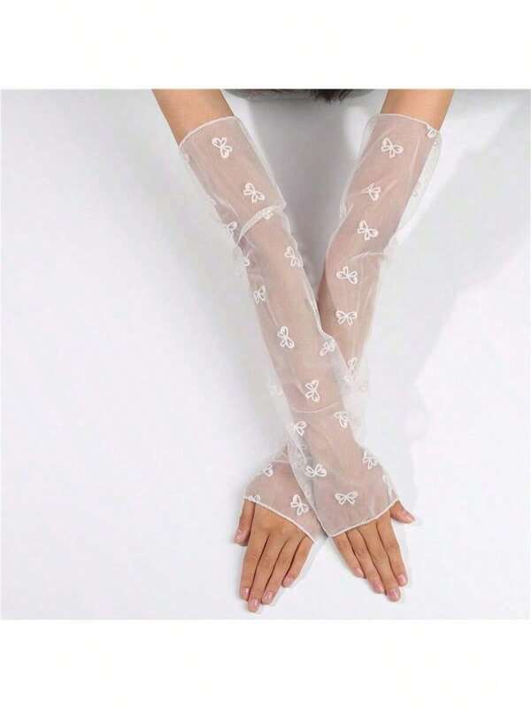 1 par de mangas de protección solar con estilo Lolita, con lunares coloridos y lazo, de encaje y malla, suaves, ligeras, transpirables, con volantes, elegantes, para primavera/verano