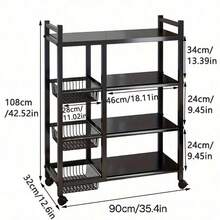 A 4-Layer Black Metal Storage Rack With Wheels - A Multi-Functional Vegetable Rack For The Kitchen And Pantry, Featuring 3 Metal Baskets, Kitchen Storage Items And Storage Cabinets - 35.4吋*12.6吋*42.52吋 - 查看 2