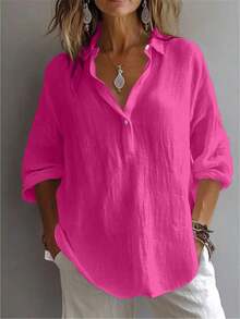 Women's Plus Shirt Solid Color Daily Casual Long Sleeve Bishop Sleeve Shirt Collar Regular Tops Daily Patchwork Buttons