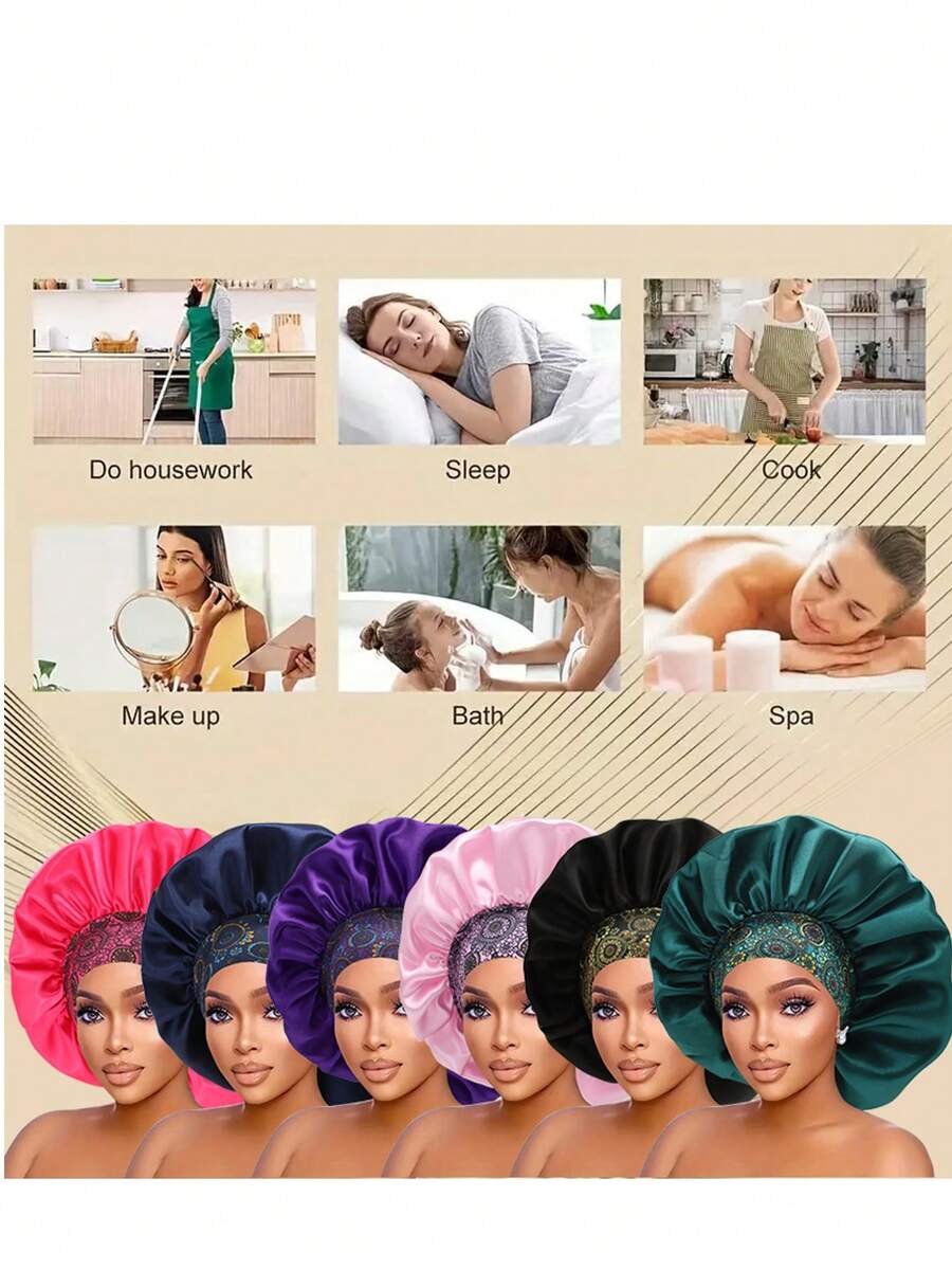 قبعة حرير للنوم للنساء ذات حافة واسعة وحزام مطاطي مطبوع، قبعة نوم من الحرير الناعم للشعر المجعد (نمط طباعة عشوائي)