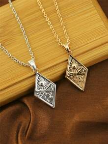 1pc Retro Geometric Personalized Pendant Necklace With Diamond-Shaped Embossed Sun And Moon Pendant For Women