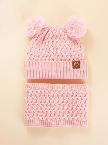 2pcs/Set Soft Cable Knit Children Matching Hat & Neck Warmer Kit, Lovely Pom Pom Bear Ear Set For Kids Outdoor Stroll, Photo Styling & Holiday Gifts - Car Logo - View 6