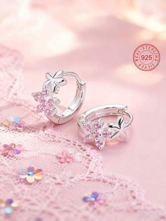 Artepollo 1 pieza Pendientes de aro de flor de plata de ley 925 hipoalergénicos, incrustados con circonita rosa, dulce y elegante, empaquetado en caja de regalo, adecuado para uso diario u ocasiones festivas, regalo para niñas, amigas, vuelta al colegio, Navidad