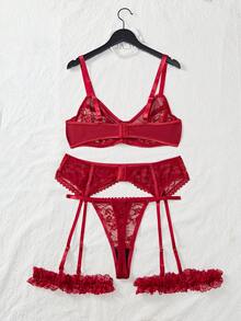 weiweihu Five-Piece Women's Large-Sized Lace Sexy And Erotic Lingerie, Thong, Garter, Leg Band, Steel  Sexy Lingerie  Ring, Lace Patchwork, Cutout And Transparent, The Ultimate Temptation - 黑色+酒紅色 - 查看 6