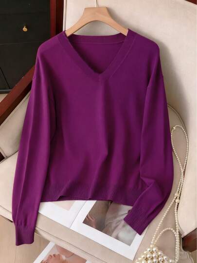 GIGOGOU Solid Color Knit Basic Thin V-Neck Women Casual Sweater Top, Soft & Warm Long Sleeve Tops For Daily Wear & Home, Spring/Autumn