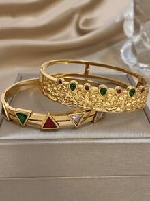 18K Gold Plated Stainless Steel Vintage Luxury Elegant Multicolor Diamond Gemstone Zirconia Bangle Bracelet Set For Women, Mom Gift Christmas Thanksgiving Halloween Wedding Rave/Prom/Party/Daily Accessories Gift For Anniversary Valentine's Day Boho Jewelry Birthday Bridesmaid Gifts