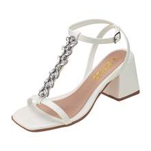 Geometric Thick Block Heel Sandal With Shiny Stones - White - View 1