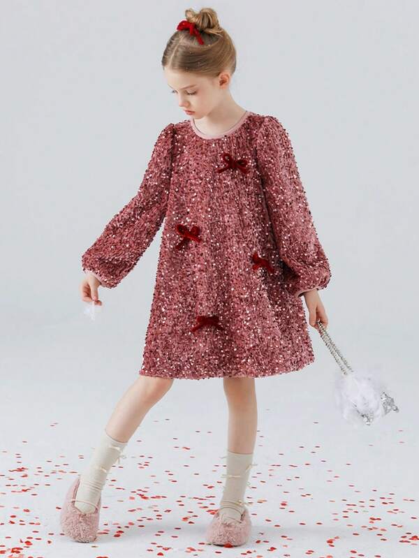 1pc Young Girls' Cute & Sweet Pink Long Sleeve Bow Decor Dress, Autumn/Winter