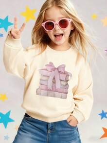 Girls' Back To School Cute Book & Bowknot Print Crewneck Pullover Sweatshirt - Soft, Machine Washable, Versatile - Fall Winter Casual Daily Outfits (New Fall Fashion, Halloween ) - Apricot - View 7