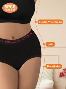 MEIYATING Paquete de 5 piezas de ropa interior para mujer de talla grande, de cintura alta, con estampado de letras y rayas verticales - Multicolor - Ver 5