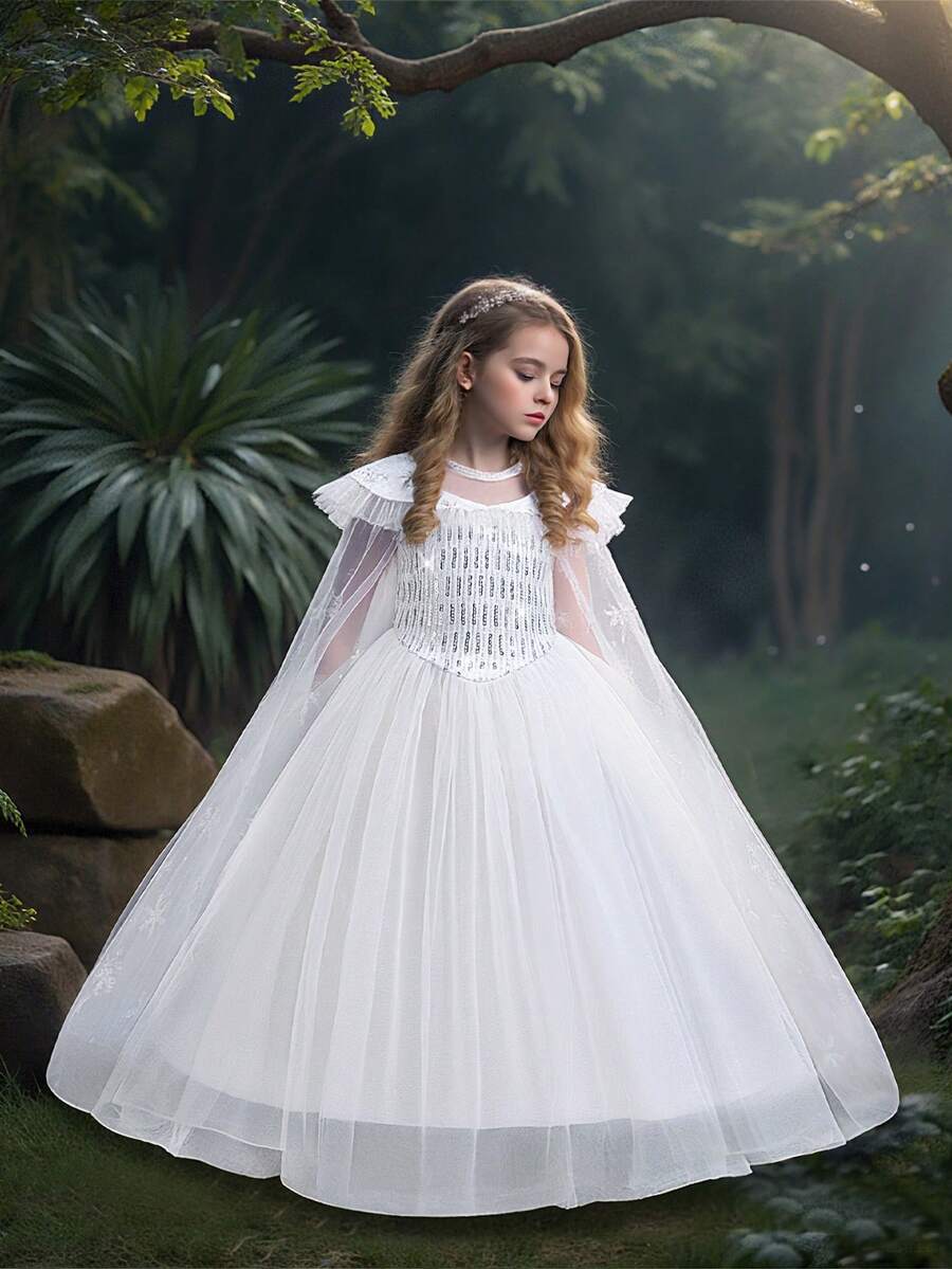 Girls' Solid Color Sequin Birthday Wedding Princess Dress With Cloak, Suitable For Ball, Party, Vacation (Excluding Headband) - trắng - Xem 1