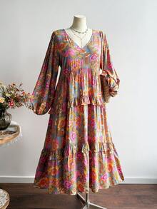 Rusttydustty Vestido plus size feminino, multicolorido, floral, boêmio, resort, manga lanterna, babados, bainha - Multicolorido - Ver 4