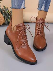 Women's Fashionable Black Pointed Toe Chunky High Heel Ankle Boots - Stylish Soft Exterior, Front Lace-Up, Suitable For Spring And Autumn