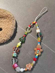 圣诞卡通姜饼人手机挂绳链，可爱串珠 DIY 相机带饰物