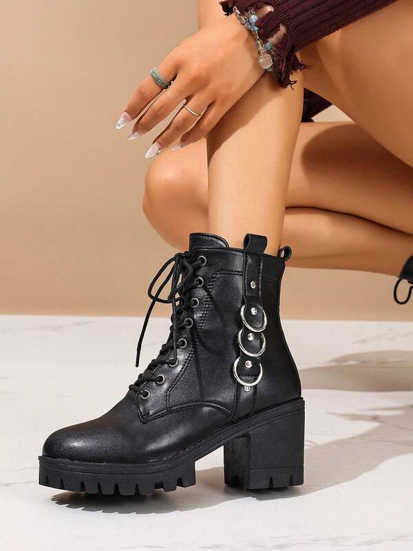 Scarpe da donna con decorazione fibbia e allacciatura, punta tonda, cerniera laterale, stivaletti alla caviglia comodi e minimalisti, adatti per primavera/autunno, stivali da motociclista classici con cerniera