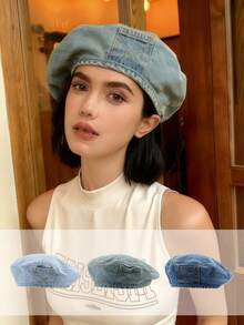 قبعة بيريه جينز مغسول للنساء، قبعة رسام متعددة الاستخدامات، قبعة جينز بلون أحادي للشمس والظل، مناسبة للاستخدام اليومي والخارجي كإكسسوار للشتاء