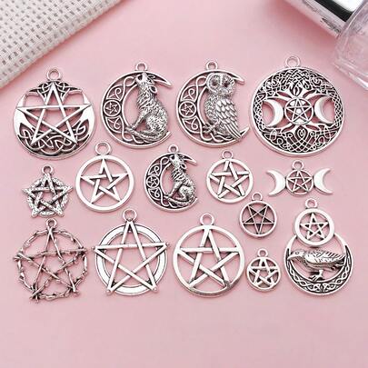 Mixed 15 Pcs DIY Antique Silver Pentagram, Sun, Moon Charms, Keychains, Necklace, Bracelet, Earring Pendant Accessories, Alloy Ornaments.